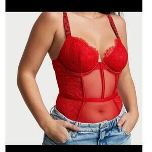 Victoria's Secret cherry red bodysuit bralette bustier lingerie lace large xmas
